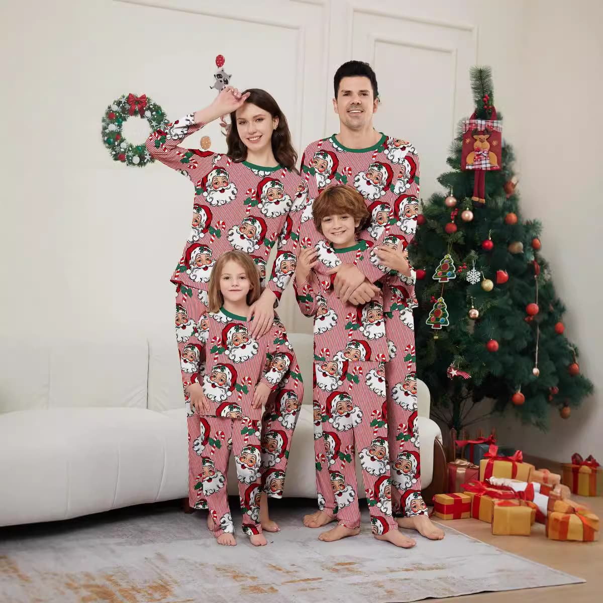 2024 European and American cross-border new style Santa Claus candy cane striped Christmas parent-child printed loungewear sleepwear