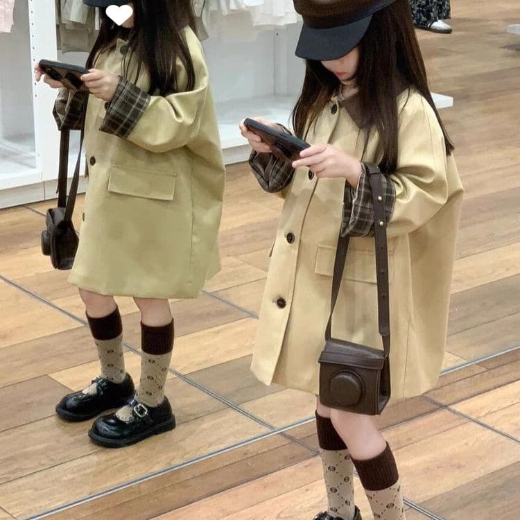 2025 Autumn New Korean-Style Stylish Design Lapel Casual Plaid Patchwork Mid-Length Trench Coat for Girls
