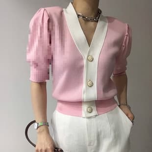 Two-tone Chanel-style Thin Ice Silk Knit Cardigan Short Sleeve Top