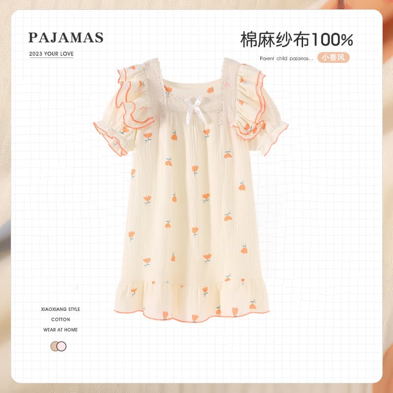 Pure cotton gauze girls' nightgown, new summer style, thin, short-sleeved children's pajamas for medium and large children, girls' home wear.