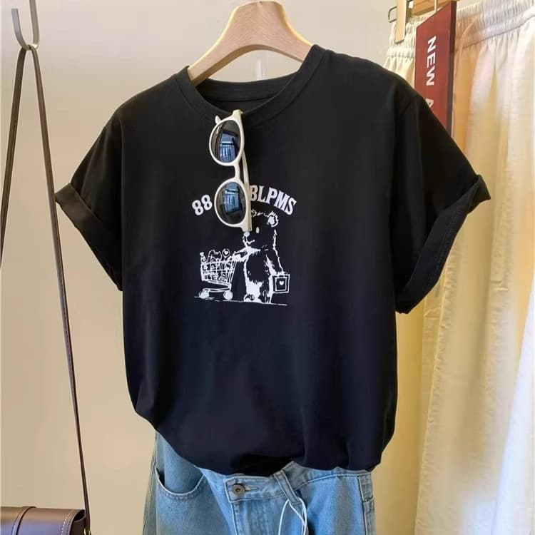 Bear Print 2025 Summer New Loose Slimming Women's Fashionable Simple Short-sleeved All-match Top Cartoon T-shirt Ins