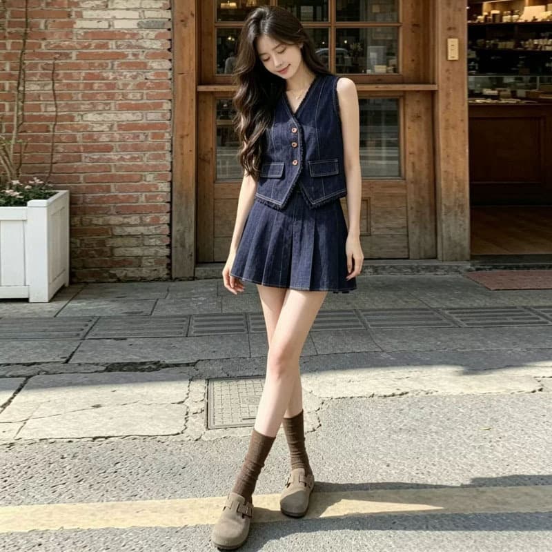 2026 Summer New Preppy Style Retro Denim Set for Women Sleeveless Vest Top Pleated Skirt Two-Piece Set