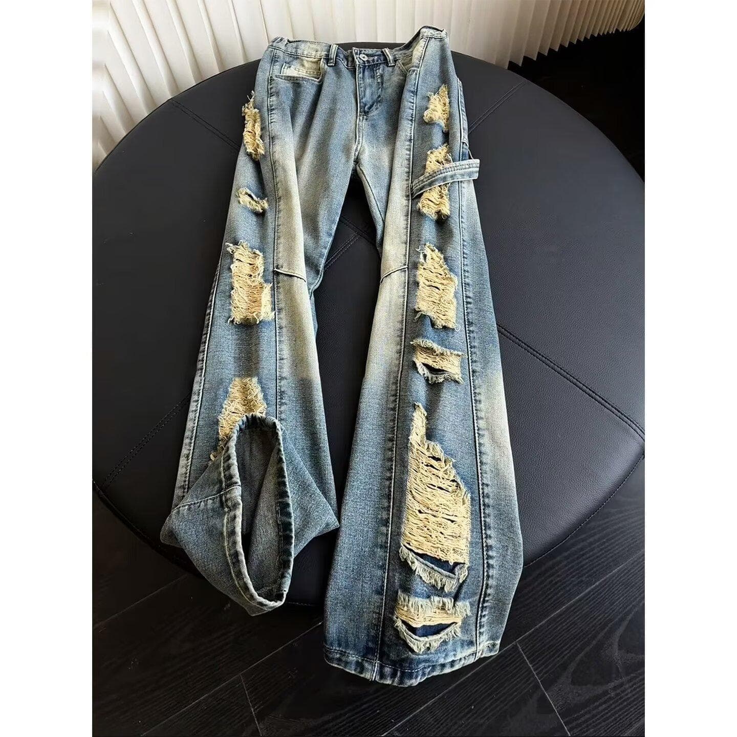Black and gray ripped wide-leg jeans summer new high-waisted retro small narrow version straight-leg floor-length trousers