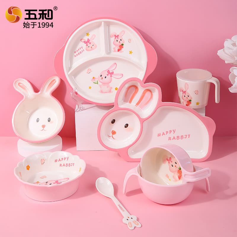 Wuhe cute rabbit melamine tableware food grade material anti-scalding cartoon children's tableware creative bowl spoon cup shape plate