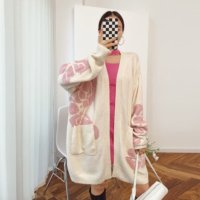 Floral oversized sweater printed fluffy cardigan, cozy autumn and winter knit sweater