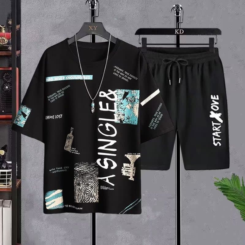 New Quick-Dry Ice Silk Gradient Set Men's Short Sleeve T-Shirt Summer Casual Shorts Sports Two-Piece Set Factory Wholesale