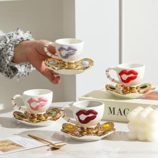 Creative Fashion Ceramic Coffee Cup and Saucer Set for Espresso, Afternoon Tea, Lip-shaped Coffee Cup and Saucer