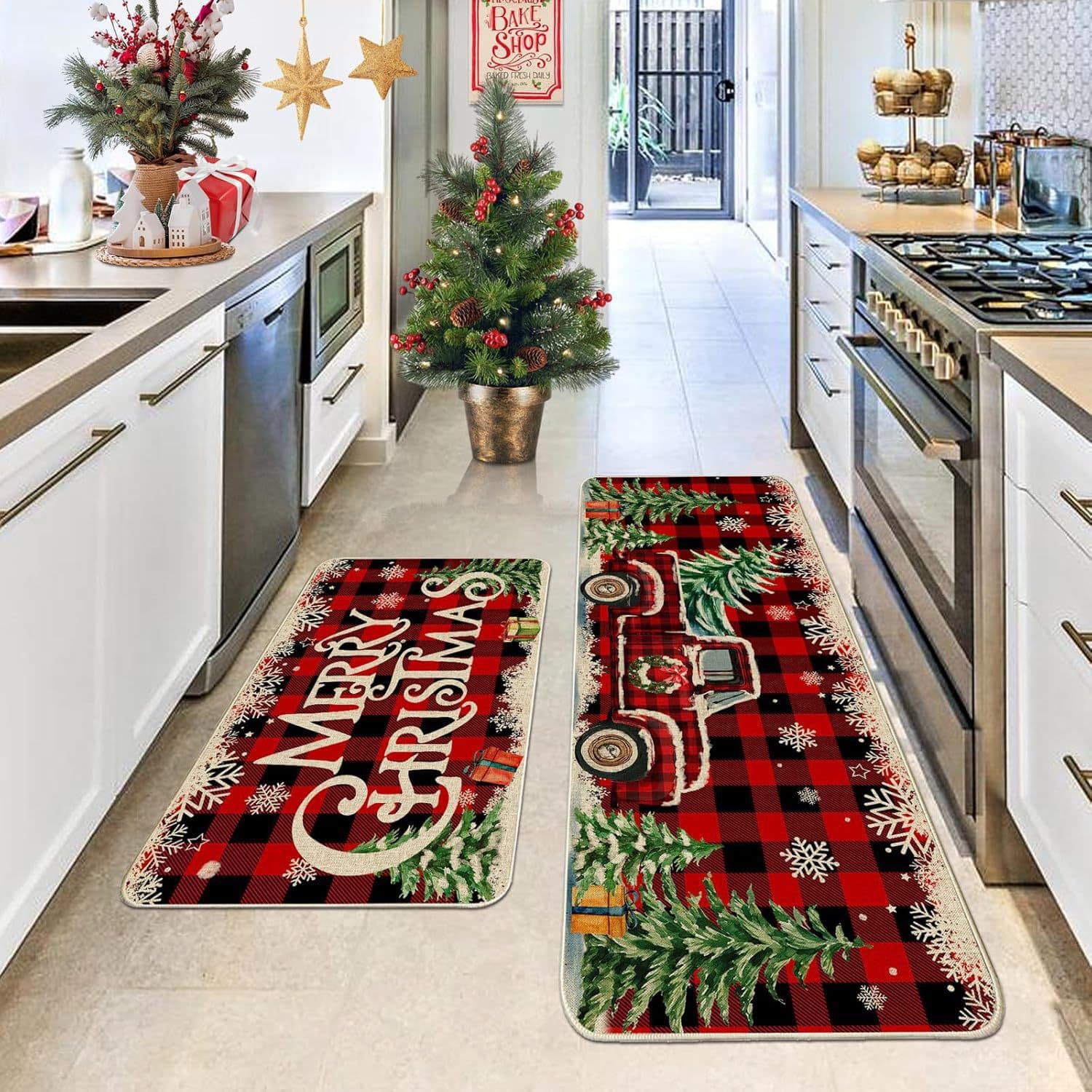 Cross-Border Christmas Crystal Velvet Floor Mats, Water-Absorbent, Non-Slip, Kitchen Two-Piece Set of Floor Mats, Stain-Resistant, Easy-Care Decorative Carpets