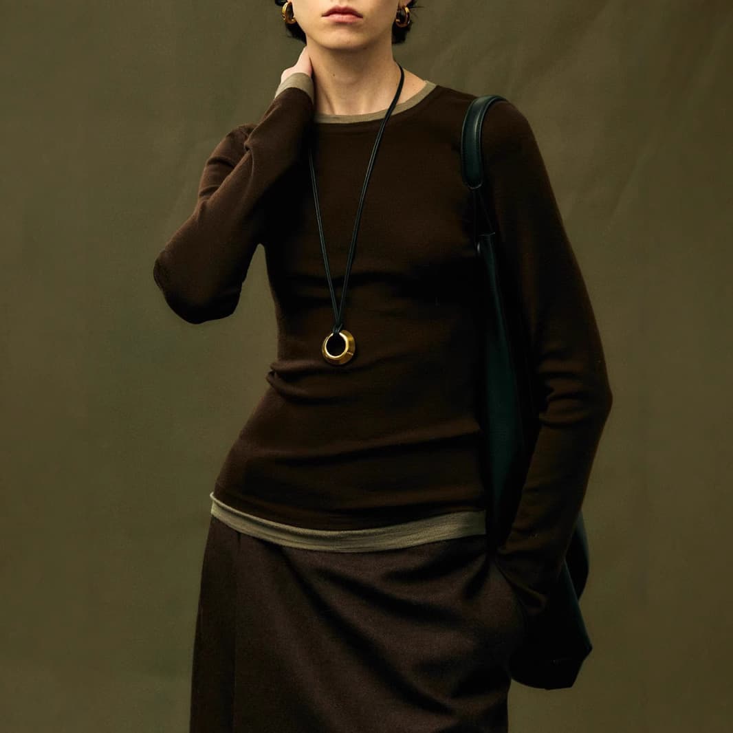 German BIELLA160s Gold Wool 120s Washable Contrast Color Fake Two-piece High/Crewneck Knit Base