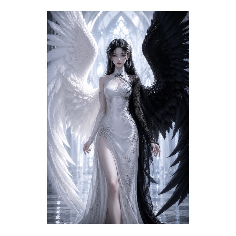 TEMU Dark Angel Girl Decorative Painting Black and White Wings Fantasy Character Canvas Art Print for Living Room Bedroom Wall Decor