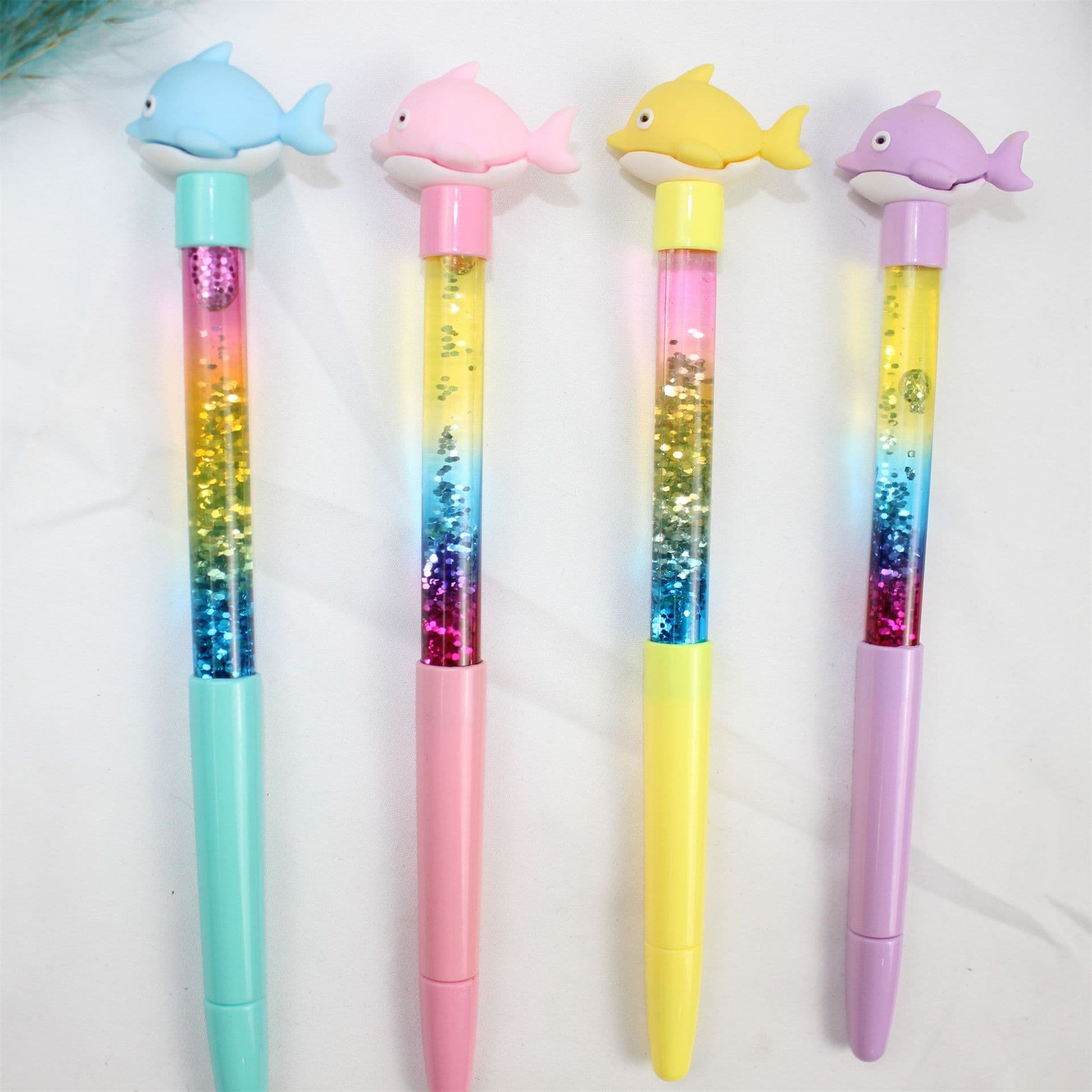 Chubby cute dolphin aesthetic ballpoint pens, TikTok viral fairy wand style glitter gel pens