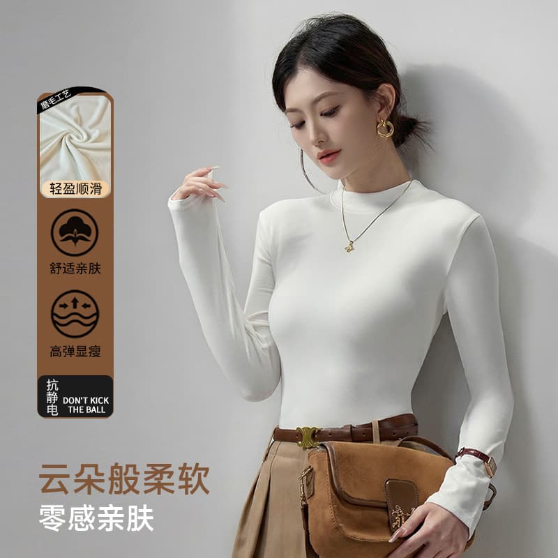 Factory half turtleneck bottoming shirt for women in autumn and winter brushed plus velvet long-sleeved T-shirt slimming slim small stand-up collar basic top