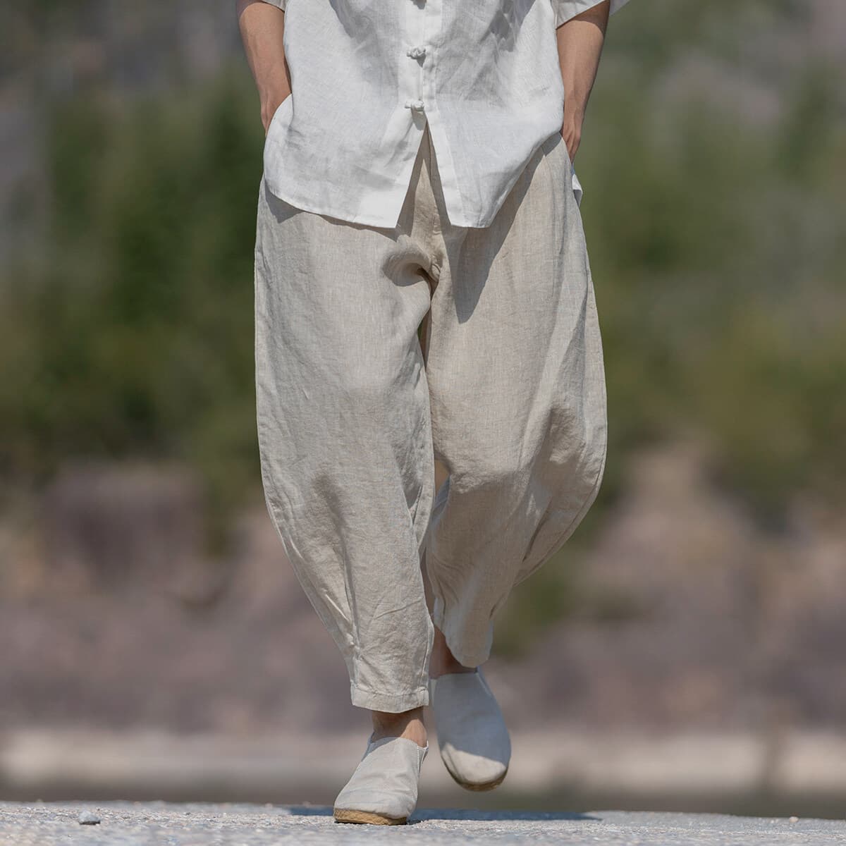 2025 Linen Pants Men's Nine-Point Pants Summer Thin Men's Retro Trendy Loose Foot Folded Casual Pants