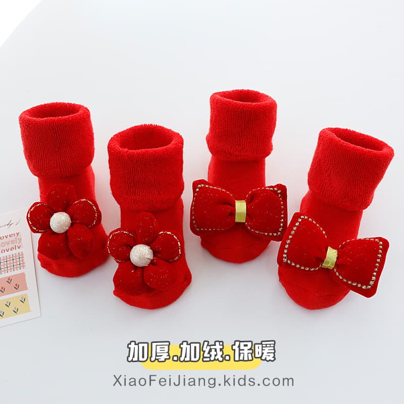 Baby socks winter thickened red cute princess New Year Christmas small month age baby mid-calf non-slip floor socks
