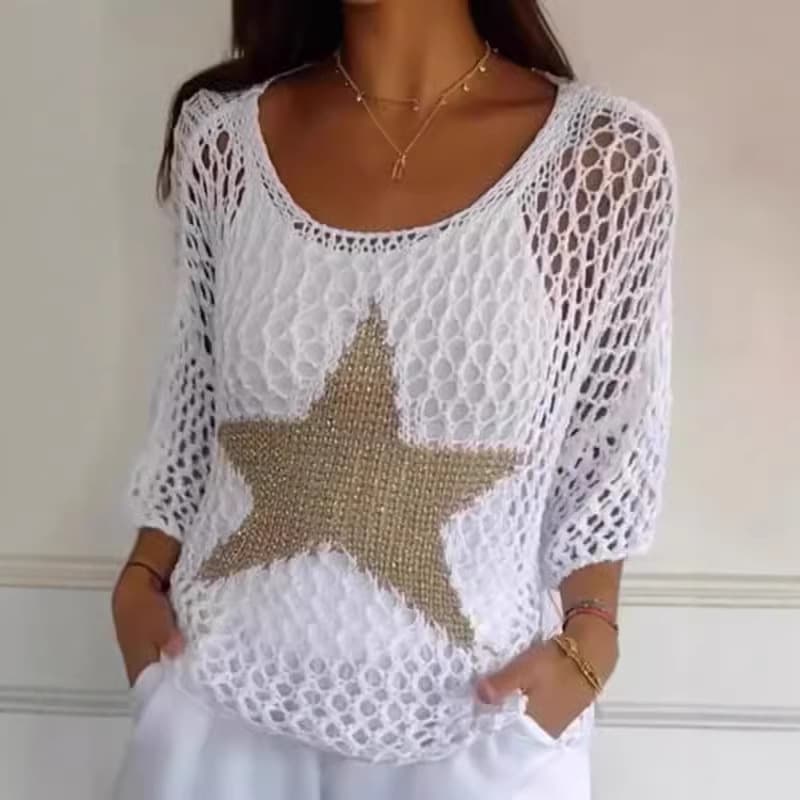 Summer New Arrival Cross-Border European-American Style Five-Star Round Neck Knit Top for Women, Commuter Elegant Three-Quarter Sleeve Blouse, Air Conditioning Cardigan