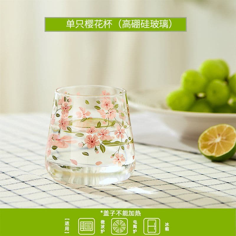 Borosilicate Glass Cold Water Pitcher Set for Home, High-Temperature Resistant Water Carafe and Cup Set with Cup Holder, Orange Flower Pattern, Light Luxury Water