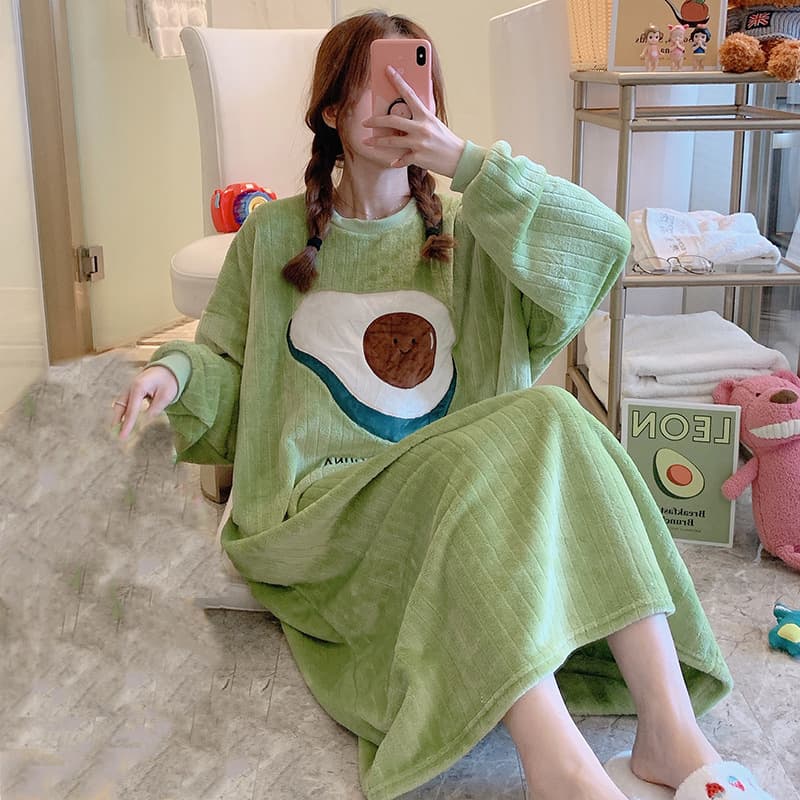 Flannel Nightgown for Women Autumn Winter Cute Cartoon 2023 New Coral Fleece Thickened Warm Dress Homewear