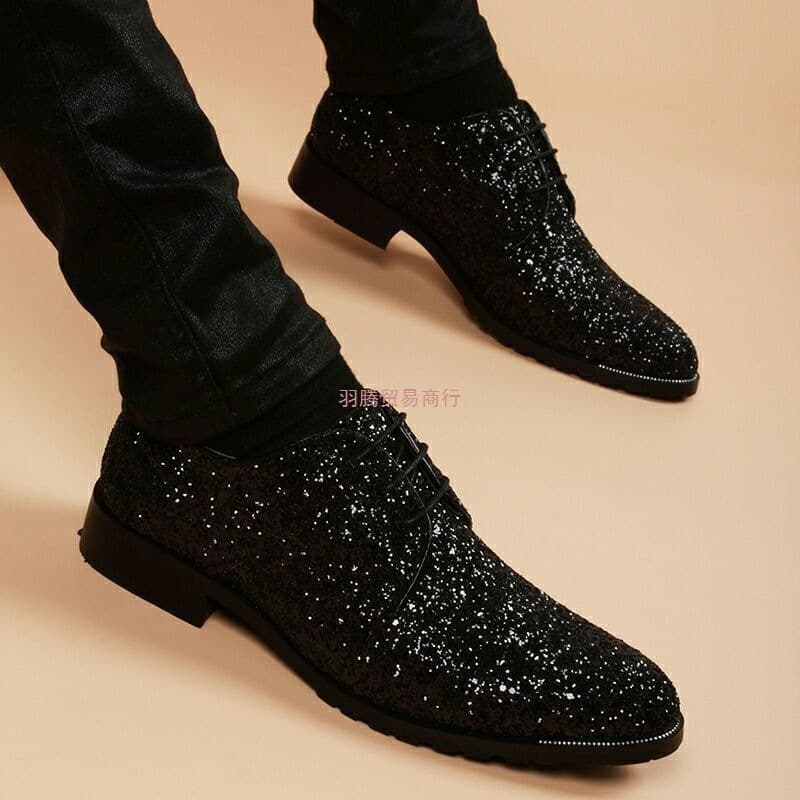 New Korean style men's leather shoes, patent leather, printed, height-increasing, casual, business style, pointed toe, lace-up, hairstylist style.