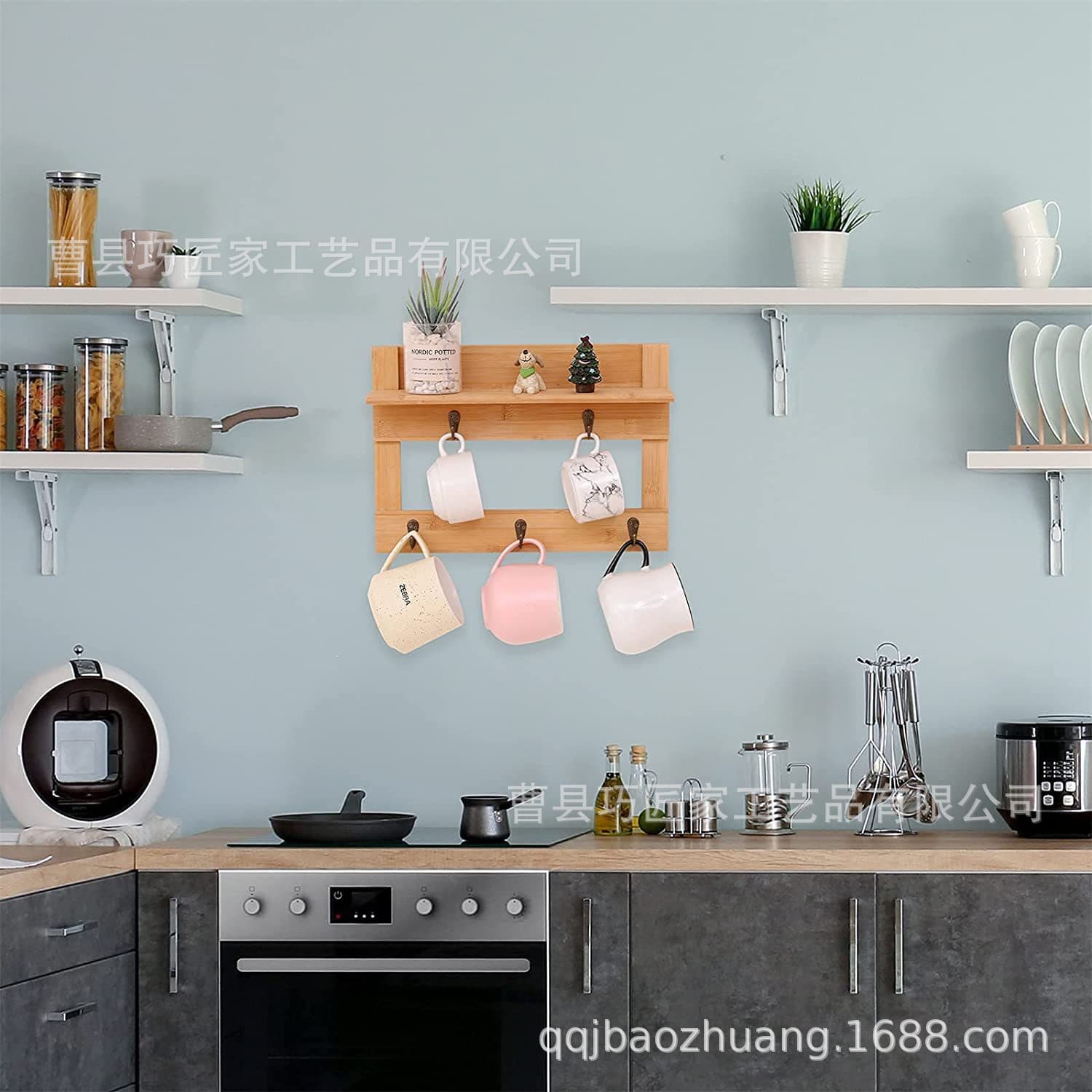 Solid Wood Wall-Mounted Cup Rack Kitchen Wall Decor Mug Holder Coffee Mug Organizer Plant Shelf