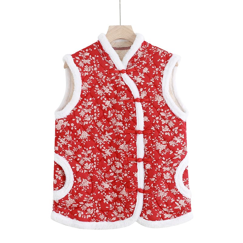 Autumn/Winter Style Silk Cotton Slant Edge Frog Button Vest Chinese Style Retro Pattern Vest Fashion Fur Trim Women's Top