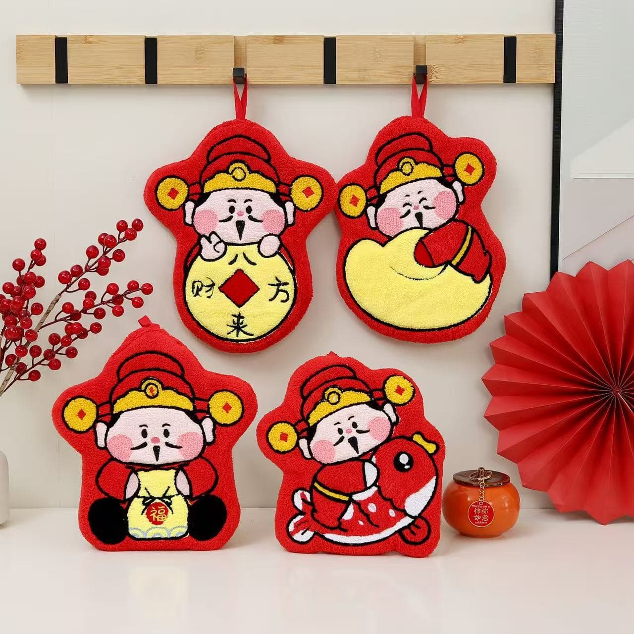 New Year Spring Festival Hanging Super Absorbent Kitchen Bathroom Cute Cartoon Hand Towel Festive God of Wealth Hand Drying Towel