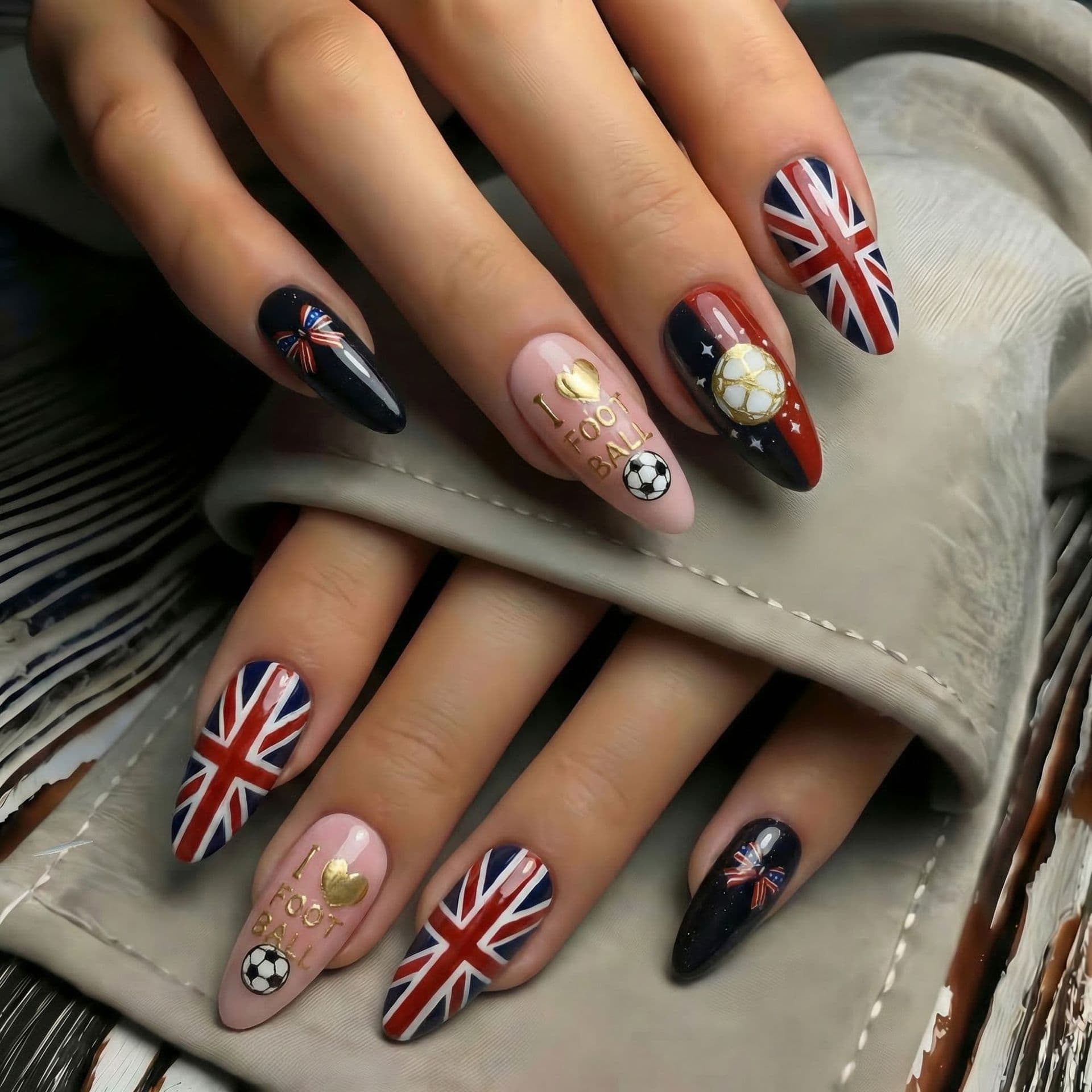 3D gilt World Cup Almond Nails Football Themed Wearable Nails Glossy Fake Nails Full-Apply Nail Art Patch SJ-05
