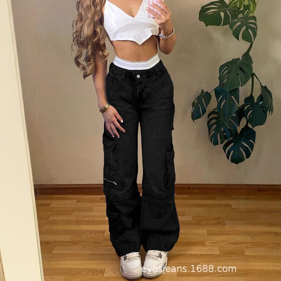 Cross-border retro design workwear large pockets washed distressed zipper loose jeans for women