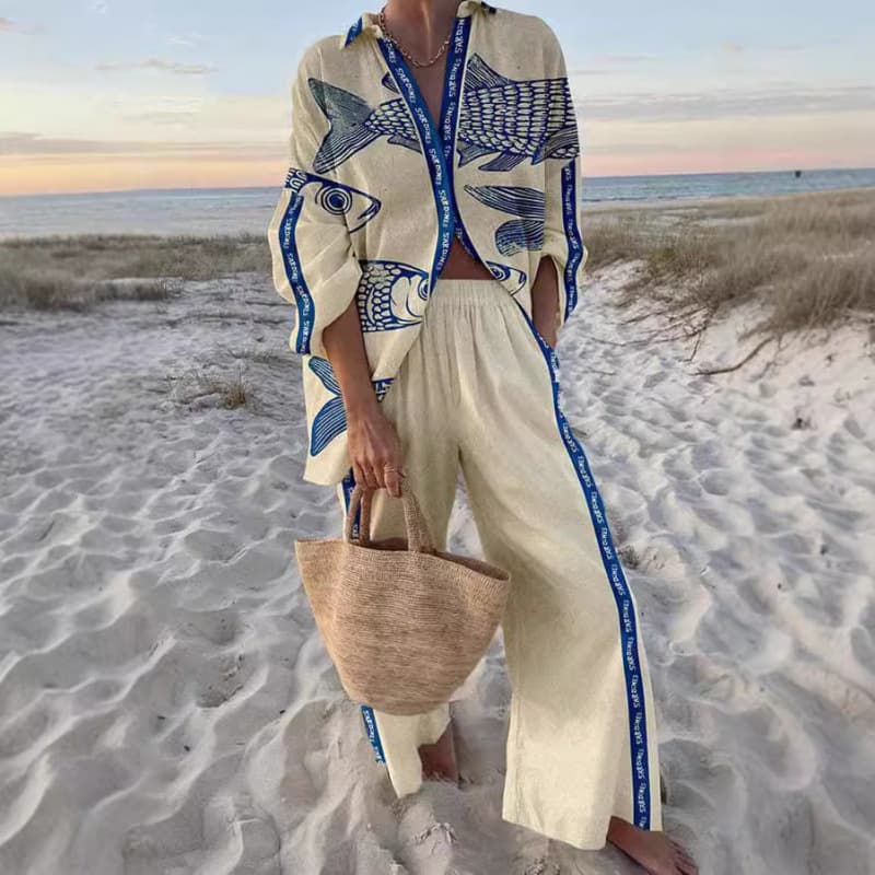 European American New Style Creative Fish Bottom Pattern Casual Suit Loose Jogger Pants Ocean Element Casual Suit POD