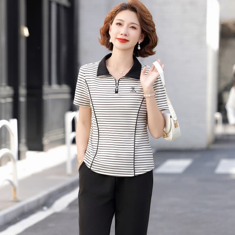 Mother's Summer Striped Short-Sleeve T-Shirt Two-Piece Set Casual Lapel New Middle-Aged and Elderly Women's Summer Sportswear Set