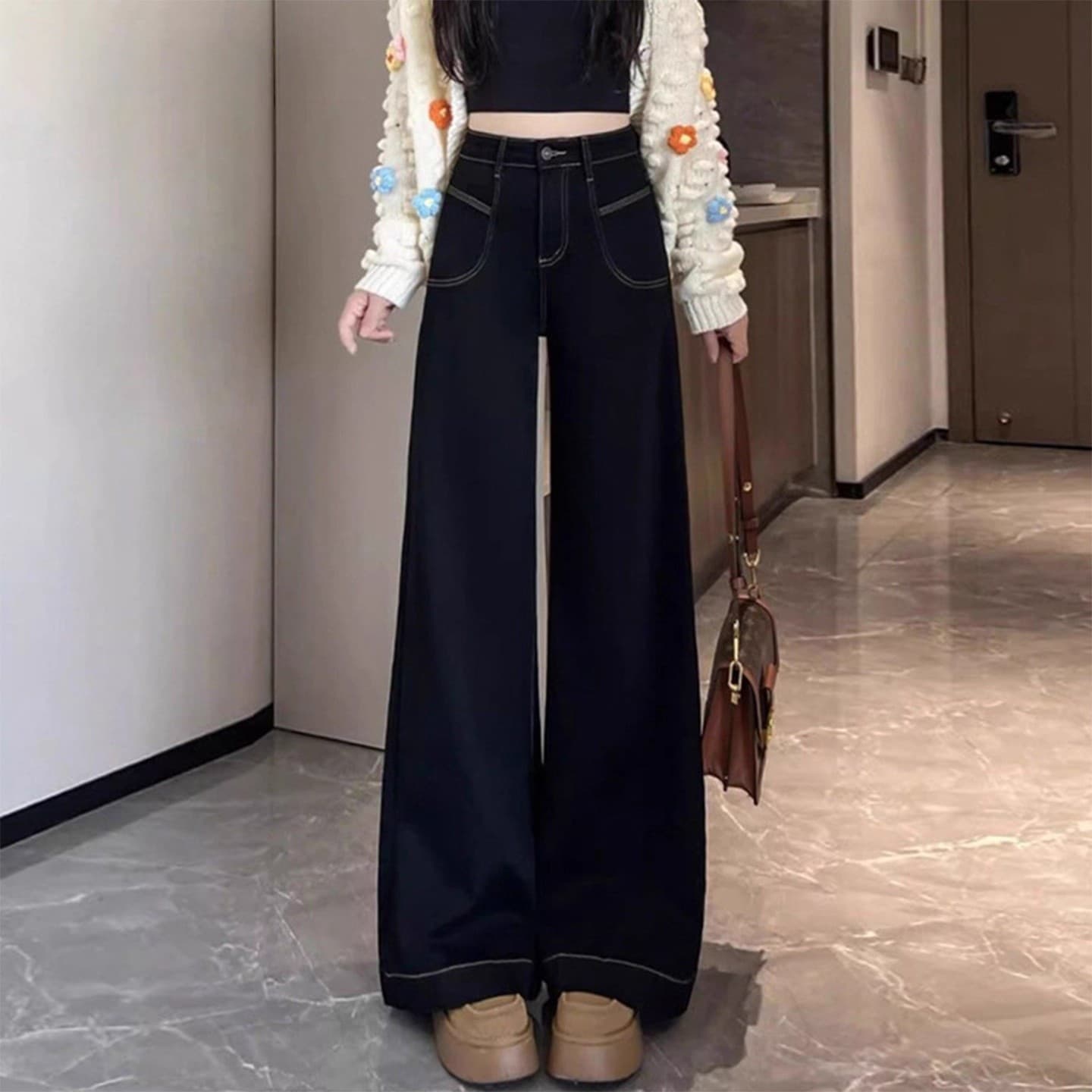New Autumn Black Plus Size Stretch Bootcut Jeans for Women, Pear-Shaped Body Loose High-Waist Slimming Straight Leg