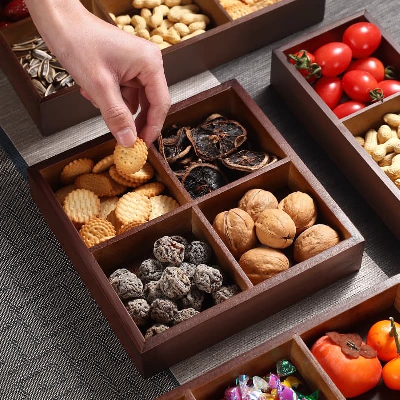 Hot new style tea brewing tray with four-compartment fruit and snack plate, wooden nine-grid dried fruit dish