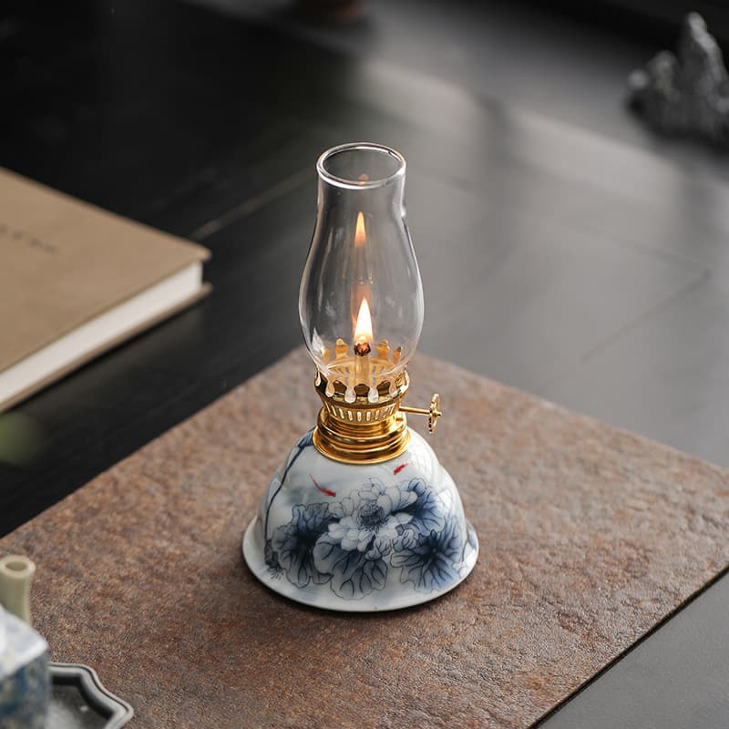 Lotus Pond Moonlight Ceramic Butter Lamp Ambient Light Decorative Ornament Retro Everlasting Lamp Home Camping Buddhist Candlestick