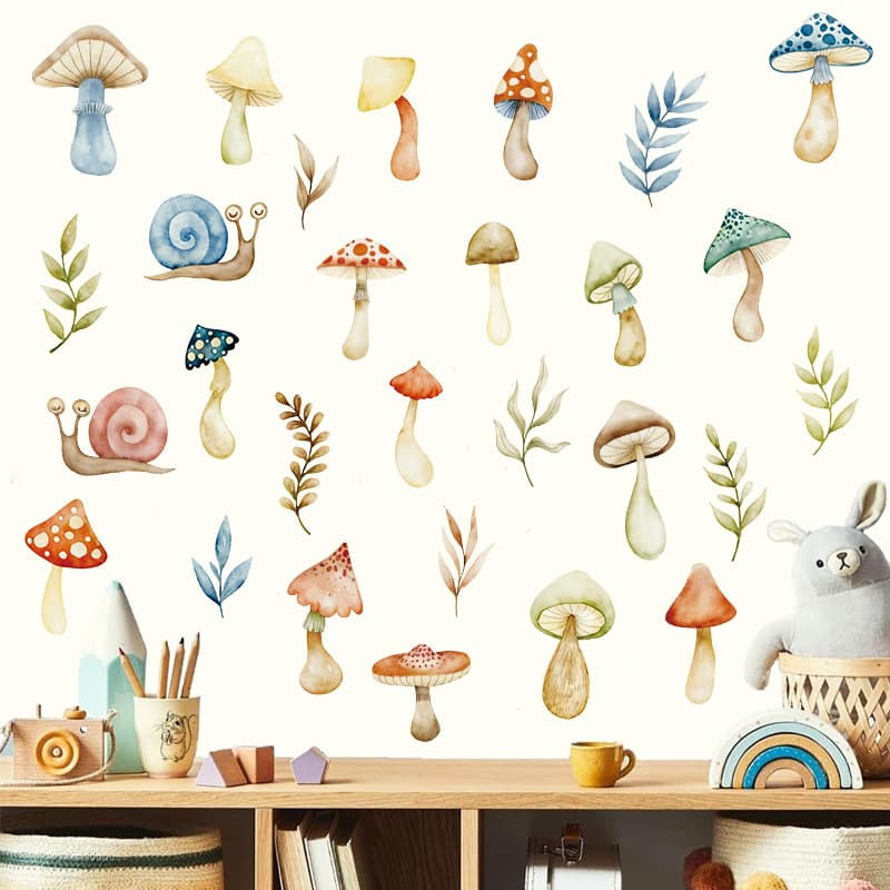 Self-Adhesive Mushroom Wall Decals for Nursery, Kids, Baby Bedroom, Living Room Home Decor PVC Stickers