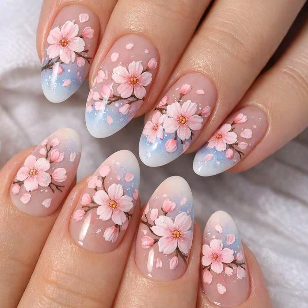 Japanese 3D Sakura Press-On Nails Summer Ice Blue Pink Manicure Export 30 Pieces Whitening Fake Nails Mixed Wholesale