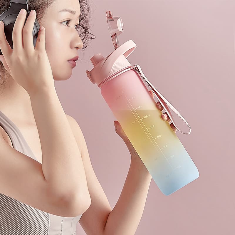 New sports water cup large capacity plastic portable summer kettle for men and women gradient color student cup cherry blossom pink