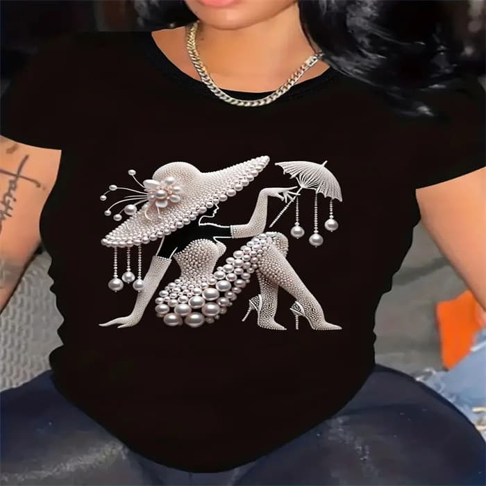 Cross-border Stock Women's Summer T-Shirt Printed Fashion Casual Cute Short Sleeve Round Neck Printed T-Shirt