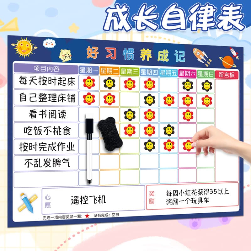 Magnetic Children's Growth Self-Discipline Chart, Baby Good Habit Tracking Record, Home Use Little Red Flower Reward and Punishment Magnetic Wall Sticker