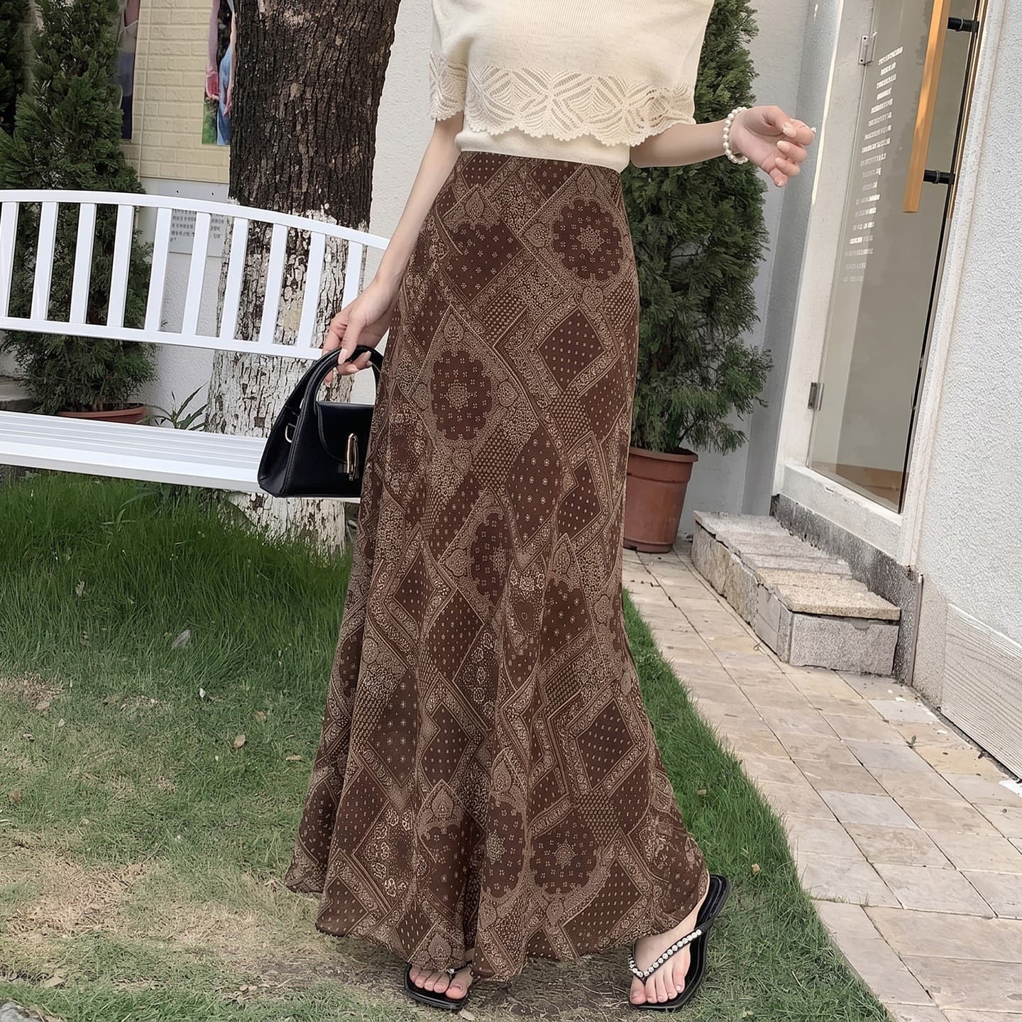 Old Money Style Printed Chiffon Skirt Women's Light Luxury High-End A-Line Skirt High-Waist Slimming Loose Casual Long Skirt Summer