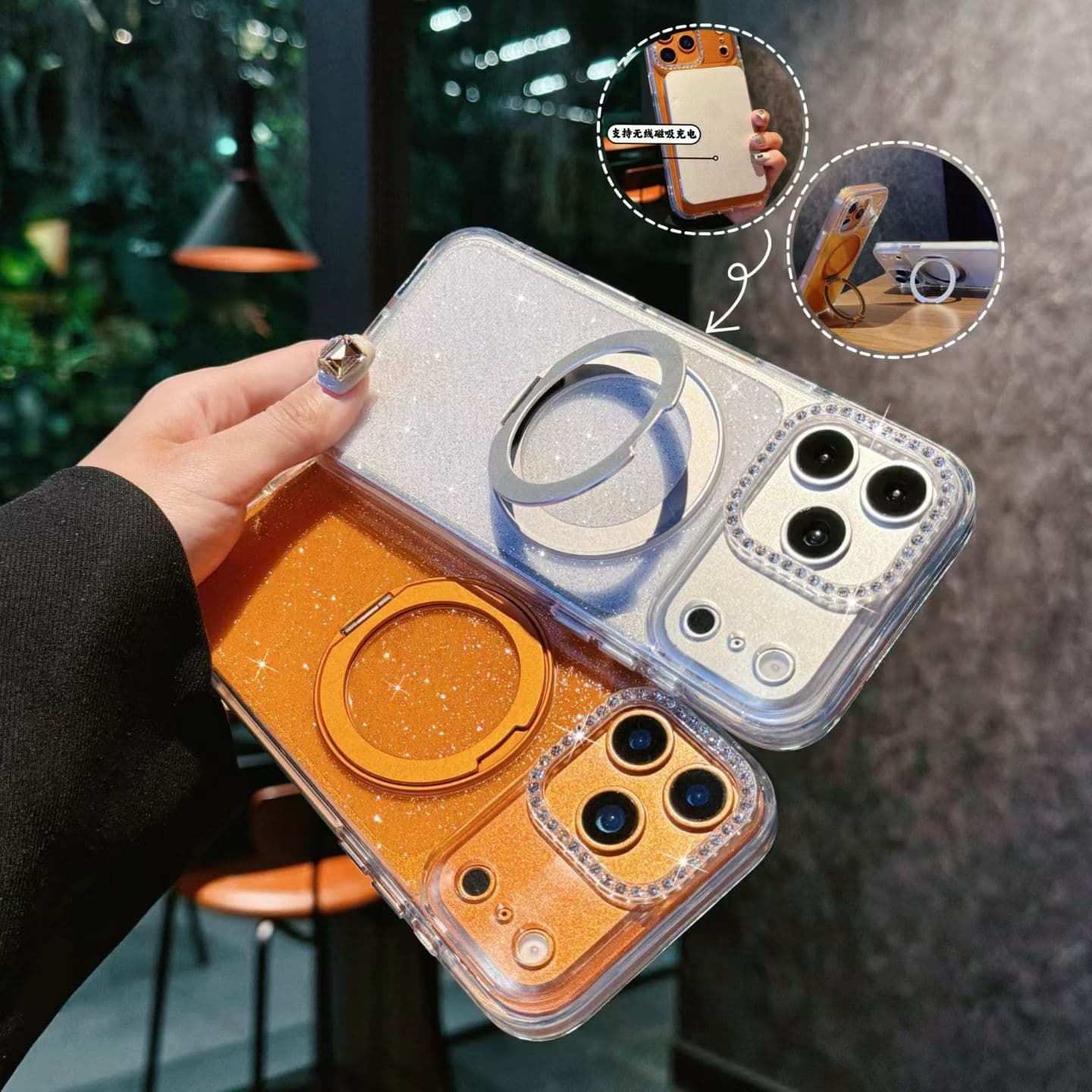 Suitable for Apple 17pro mobile phone case anti-fall rotating bracket iphone16 mobile phone case 15 flash diamond mobile phone case