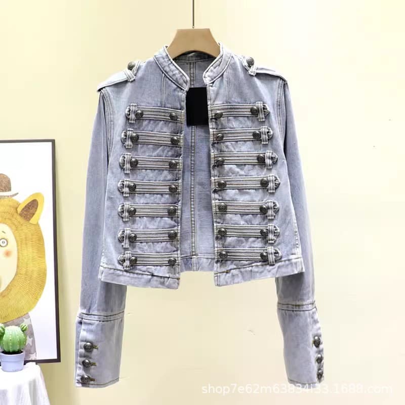 Stylish Black Stand Collar Slim Short Denim Jacket for Women Vintage Palace Double-Breasted Cardigan Coat
