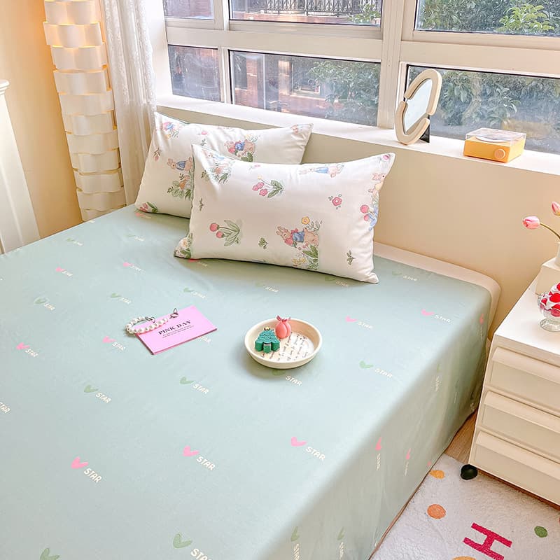 Class A Washed Cotton Fitted Sheet Single Piece, All-Season Dormitory Single/Double Bed Sheet with Pillowcase 3-Piece Set New Style 3