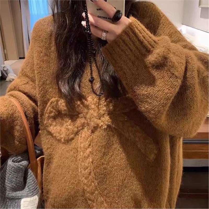 2025 New Style 3D Bow Knit Sweater, Thickened and Warm, Loose Round Neck, Casual Top
