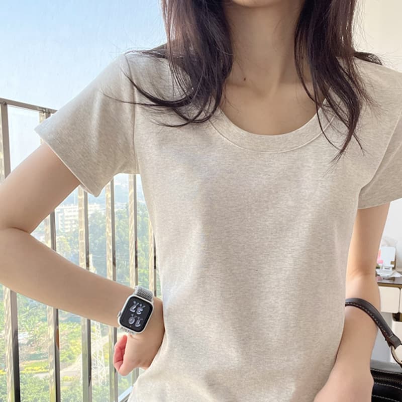 Light gray u-neck pure cotton right shoulder large neckline short-sleeved T-shirt women's bottoming shirt slimming waist short top summer