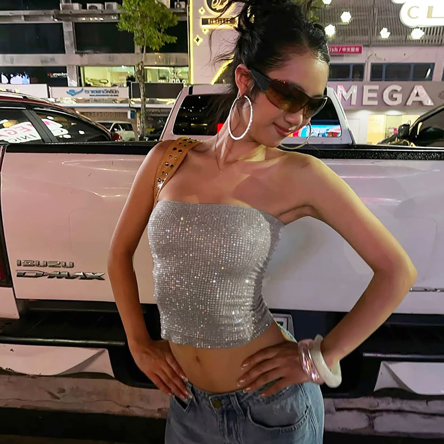 Fashion Trend 2026 Women's New Arrival Street Style Tube Top with Fine Sparkle, Open Back, Slim Fit Bodycon Vest