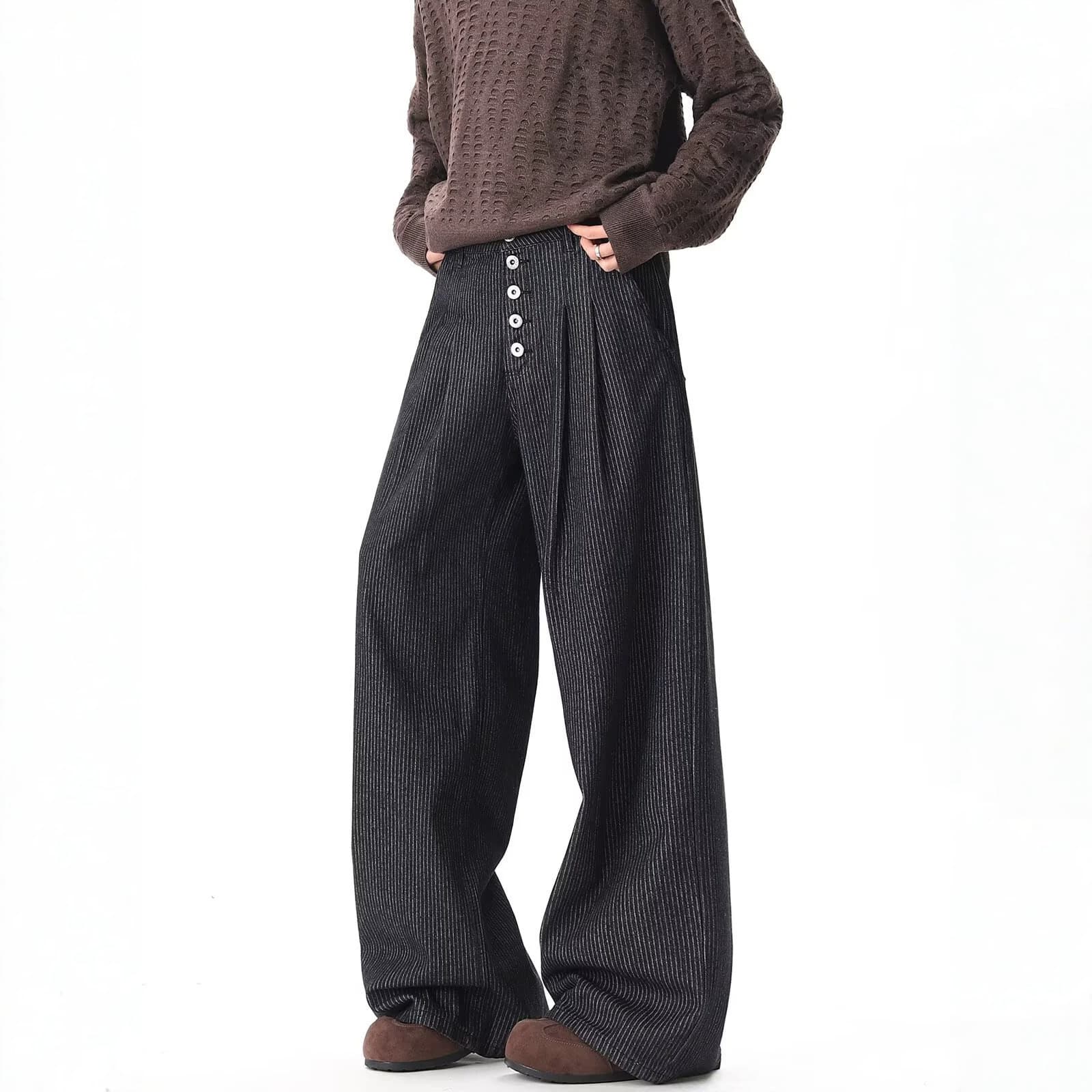 Vintage Washed Loose Front Button Fly Straight Wide Leg Curved Knife Casual Long Pants Men High Street Dress Pants Jeans Cross Border