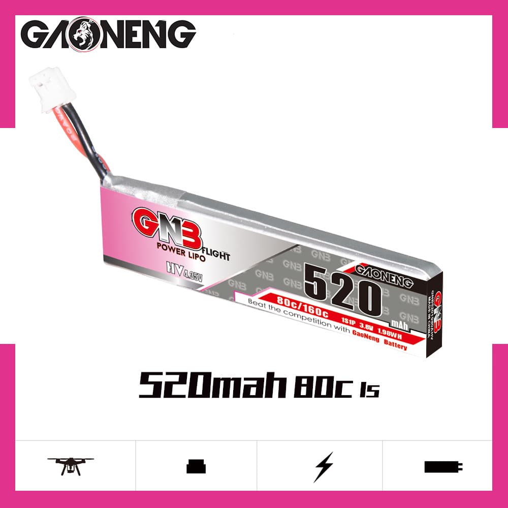 High Performance GNB 520mAh 1S 80C 3.8V HV Indoor FPV Drone Racing LiPo Battery