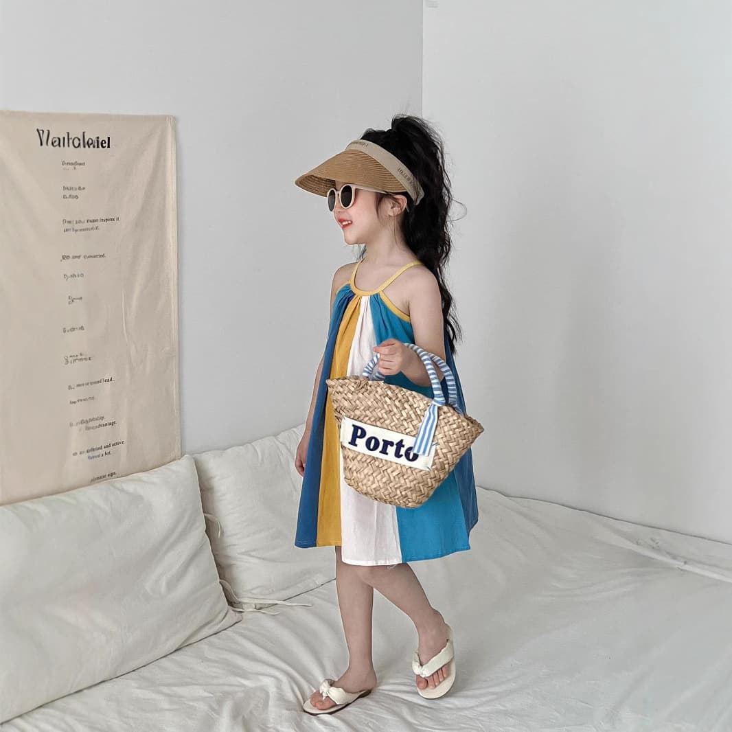 2025 Summer Girls Cotton Loose Blue-Yellow Color Block Halter Dress, Thin Strappy Dress for Beach Vacation Sanya