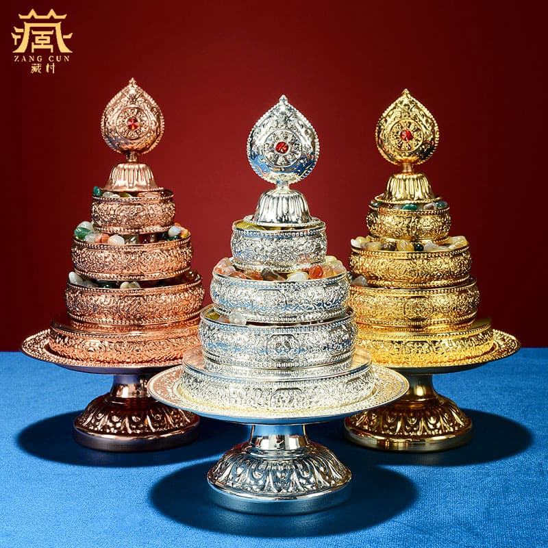 Mandala Plate Offering Set, Alloy Gilded Mandala Plate with Tray and Eight Auspicious Symbols