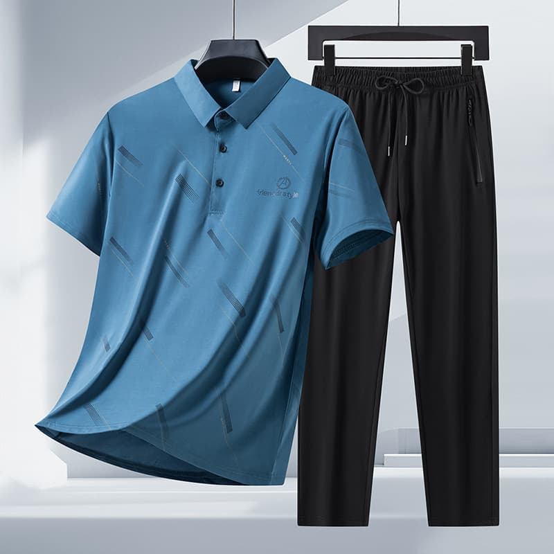 Father's Summer Casual Set Short Sleeve T-Shirt and Long Pants Two-Piece Outfit for Middle-Aged and Elderly Men Ice Silk