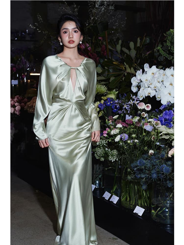 2026 Celebrity Morning Gown Party Evening Dress Bride Engagement Banquet Toast Dress French Satin Long Sleeve Dress